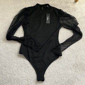 NWT Lulu’s Black Bodysuit with Mesh Polka Dot Sleeves
